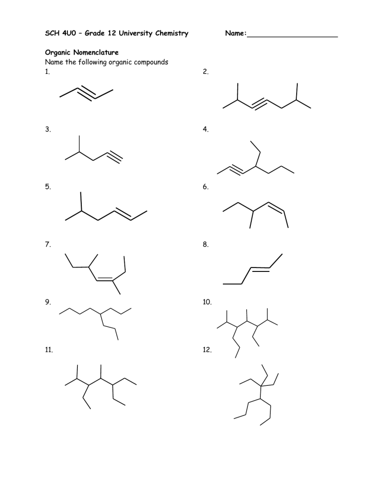 Organic Nomenclature Worksheet Grade 12 Chemistry