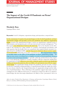 The Impact of the Covid‐19 Pandemic on Firms’ Organizational Designs