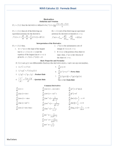 Calculus 12 Formula Sheet: Derivatives and Notation