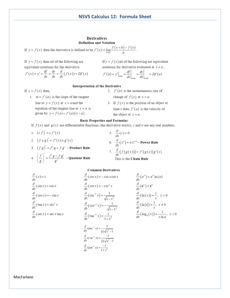 NSVS Calculus 12 Formula Sheet