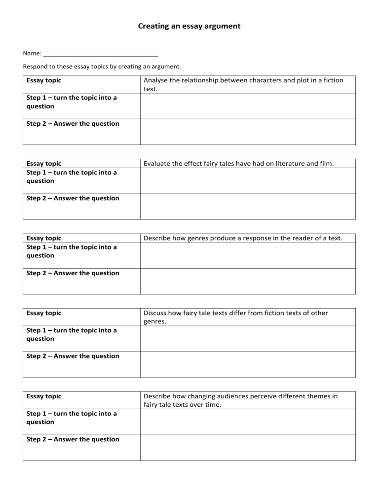 Creating an essay argument worksheet