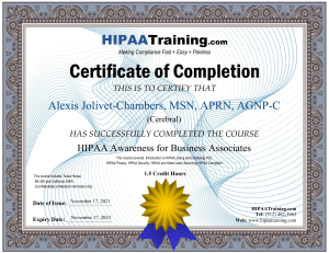 HIPAA Awareness for Business Associates Certificate for Alexis Jolivet-Chambers MSN APRN AGNP-C