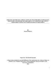 Immunity or Impunity - Implicationa of the Zimbabwean Priviledges Immunities and Powers of Parliament Act for Women's Active Participation in Parliament