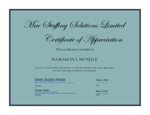 Certificate of Appreciation Hamakona Munjile - signed