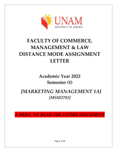 2022 Distance Assignments - MSM3781 - Marketing Management 1A