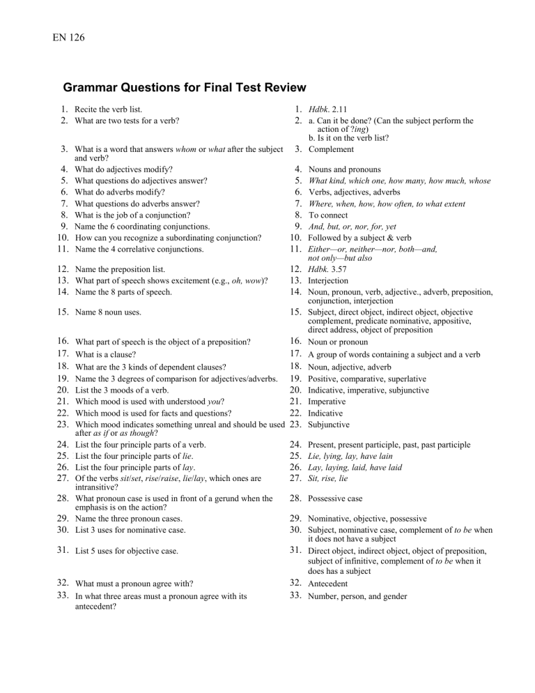 Grammar Questions For Final Test Review