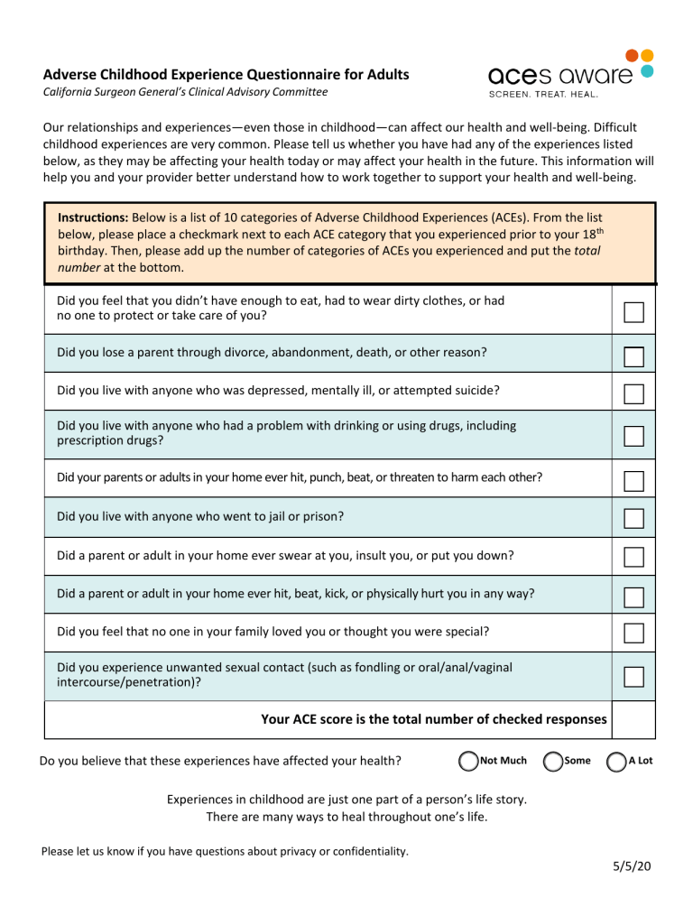 Adverse Childhood Experiences ACEs Questionnaire