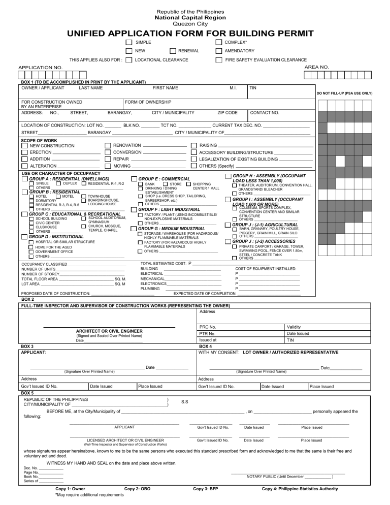 UNIFIED APPLICATION FORM FOR BUILDING PERMIT