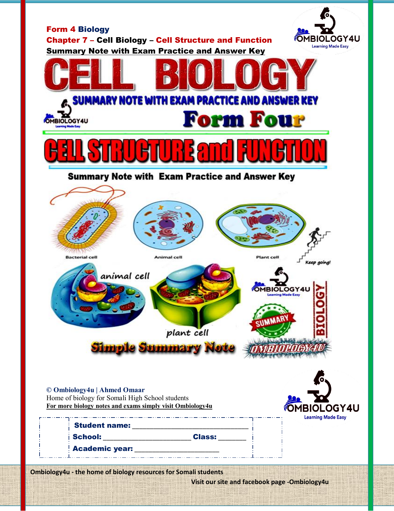 Cell Biology Summary Note with Exam Practice & Answer Key Somaliland Form 4  Biology - Ahmed Omaar - Ombiology4u