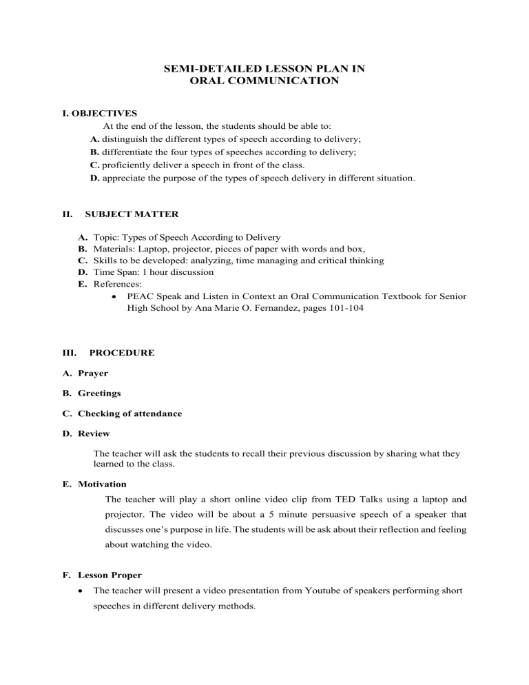 types of speech according to delivery worksheet