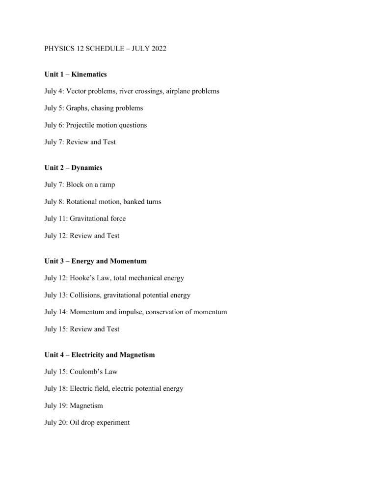 PHYSICS 12 SCHEDULE