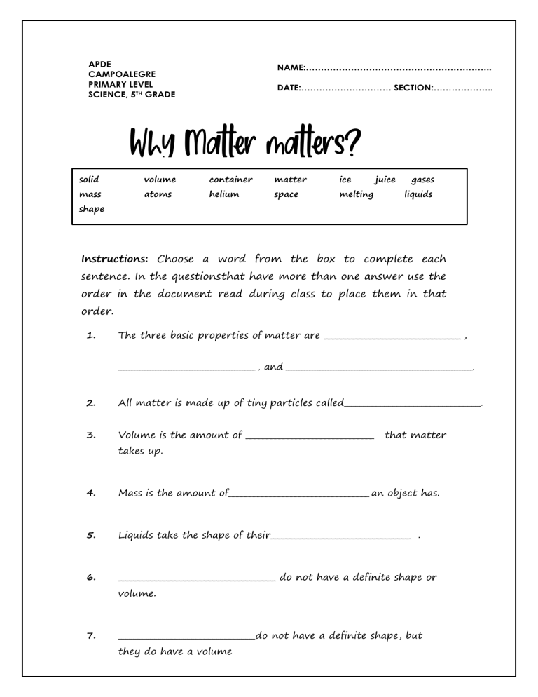 5th grade science matter worksheets