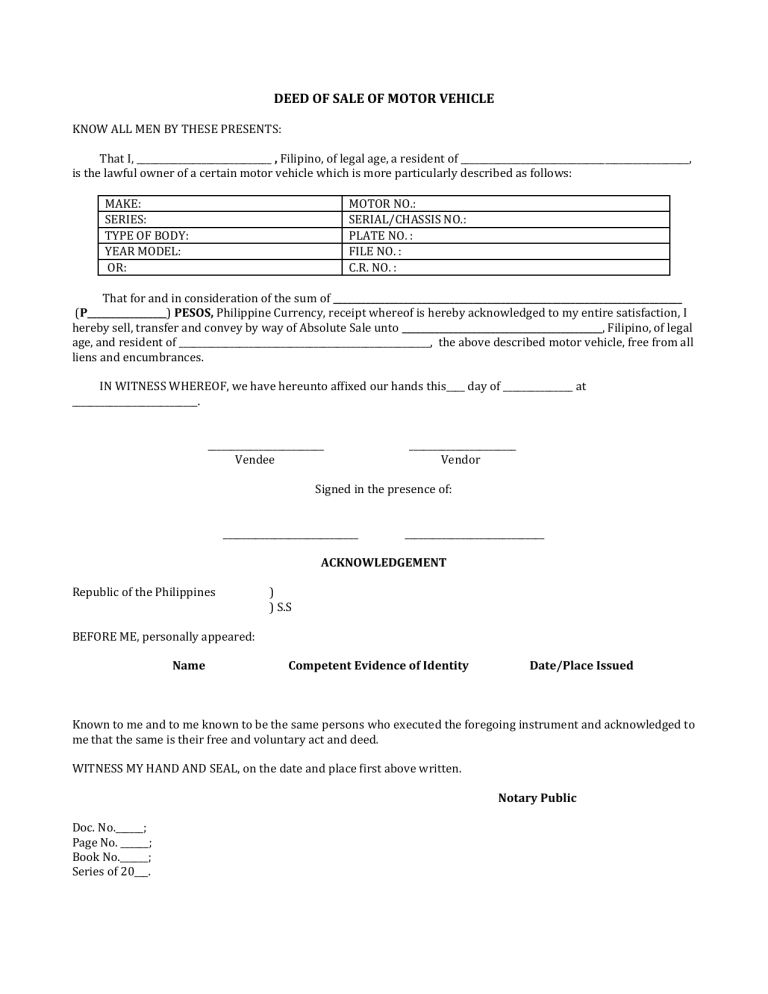 Deed Of Sale Of Motor Vehicle 