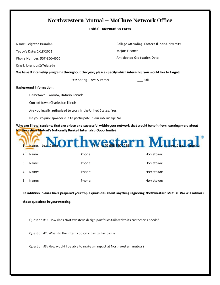 Northwestern Mutual Information Sheet