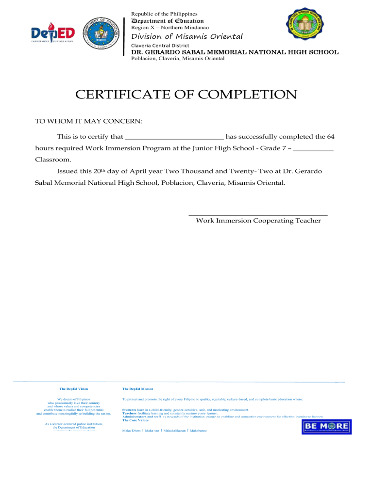 Work Immersion Completion Certificate