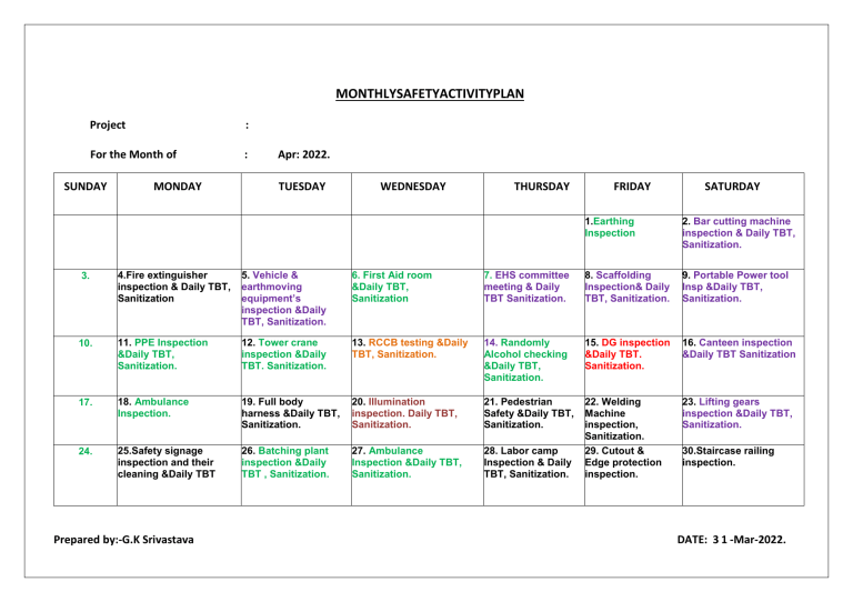 Monthly Safety Topic Calendar Lark Devinne