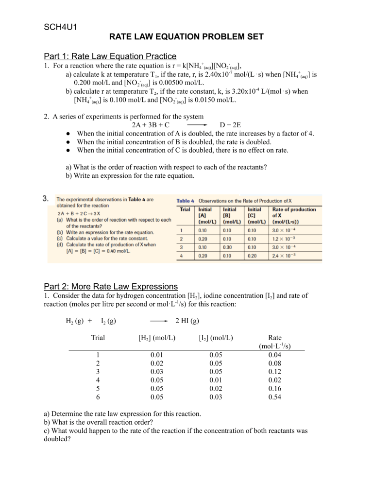 Rate Law Worksheet doc