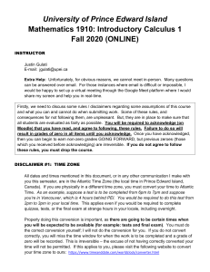 UPEI Math 1910 Calculus Syllabus Fall 2020