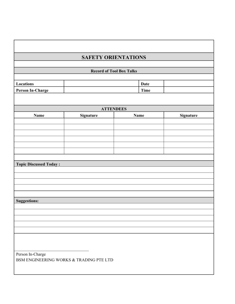 Tool Box Meeting TEMPLATE BSM