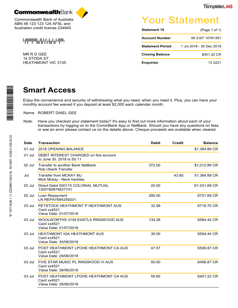 Commonweath Bank Statement TemplateLab