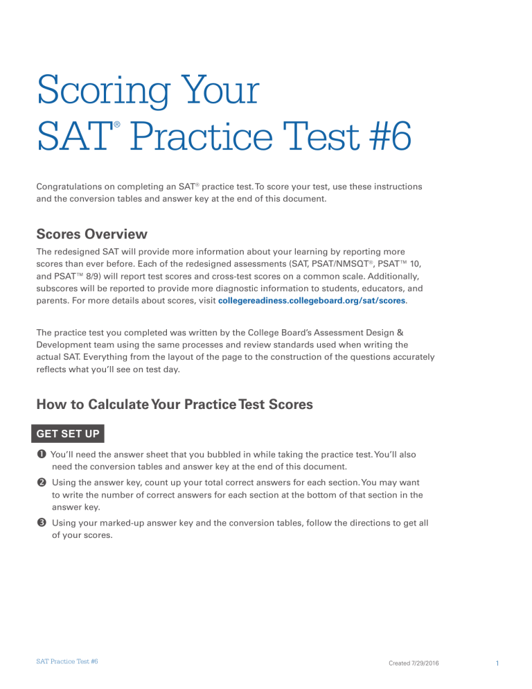 SAT Practice Test 6 Answer Key Scoring Guide 