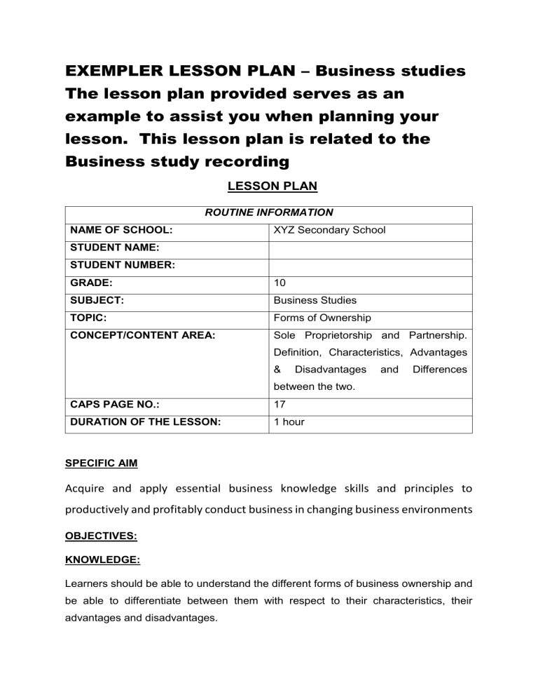 lesson plan for business studies grade 10