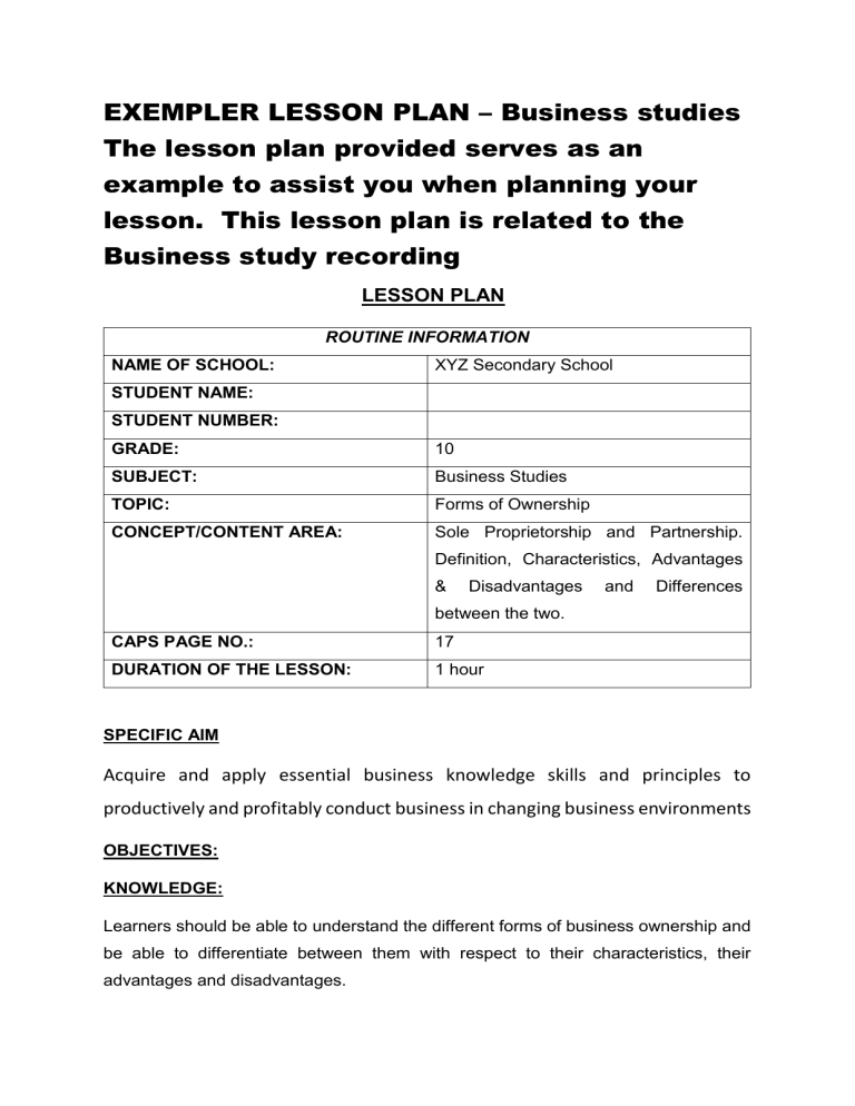 Lesson Plan Business Studies Grade 10 Forms Of Ownership