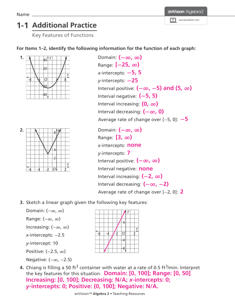 Lesson 1 1 Key Features Of Functions Answer Key