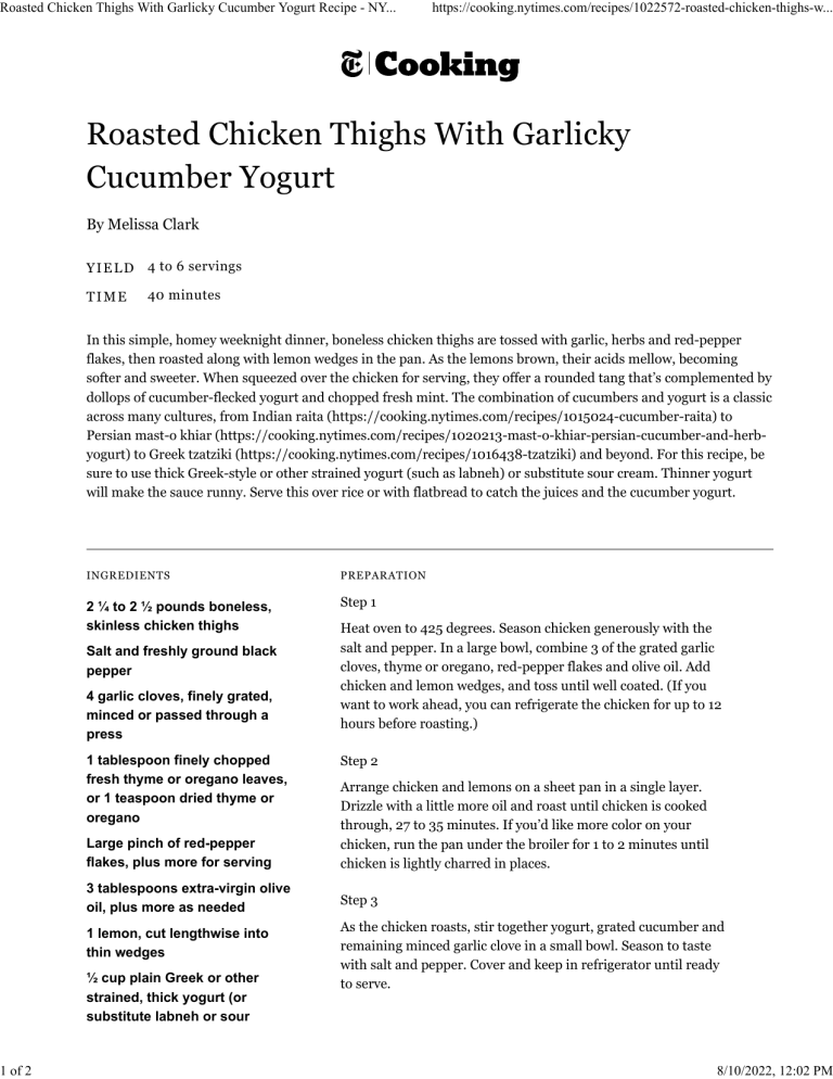 Roasted Chicken Thighs With Garlicky Cucumber Yogurt Recipe NYT Cooking