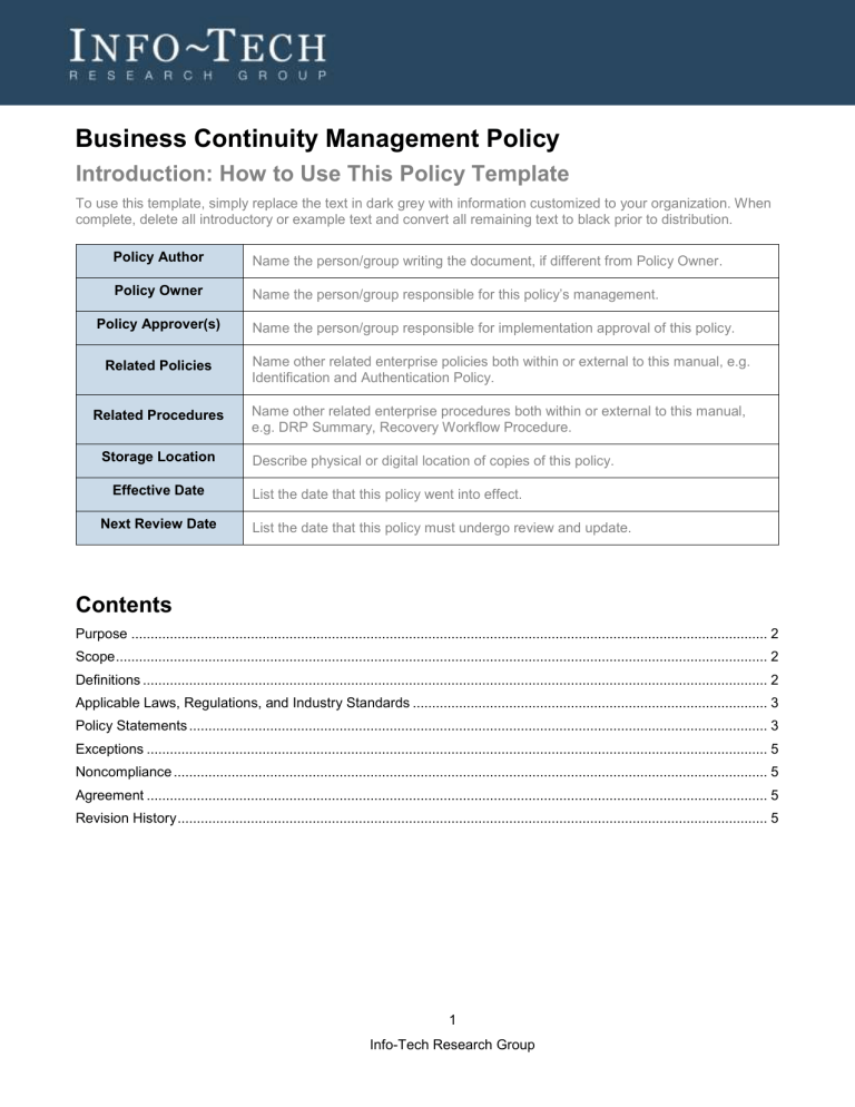 Which Policy Number Denotes Global Business Continuity Management Policy Policy 101