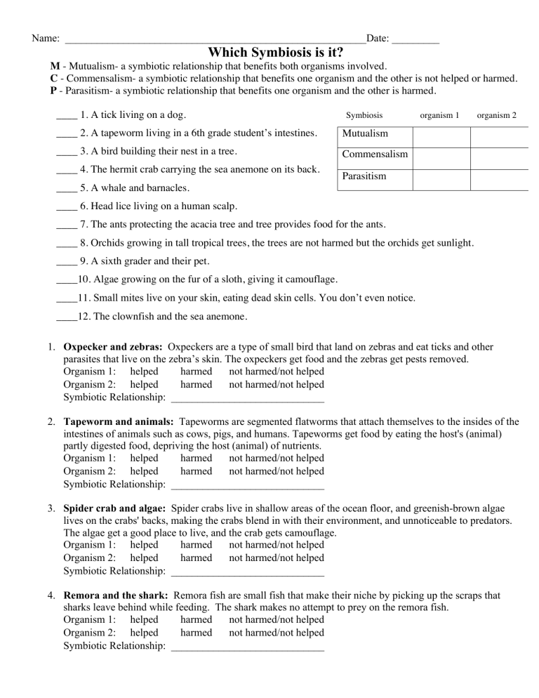 Symbiotic Relationships Worksheet