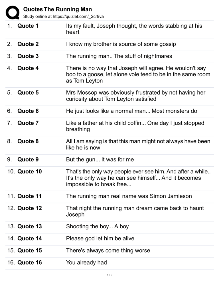 The Running Man Key Quotes Study Guide The Running Man Key Quotes Study Guide