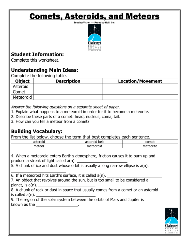 Comets Asteroids And Meteors Worksheet