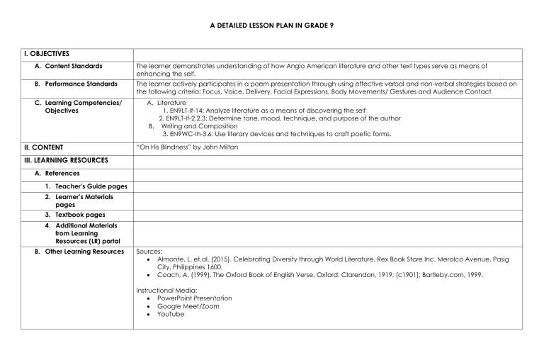 A DETAILED LESSON PLAN IN GRADE 9