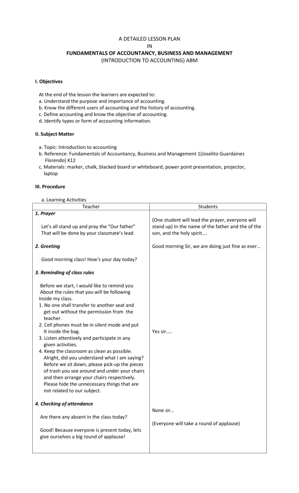 Intro To Accounting Lesson Plan