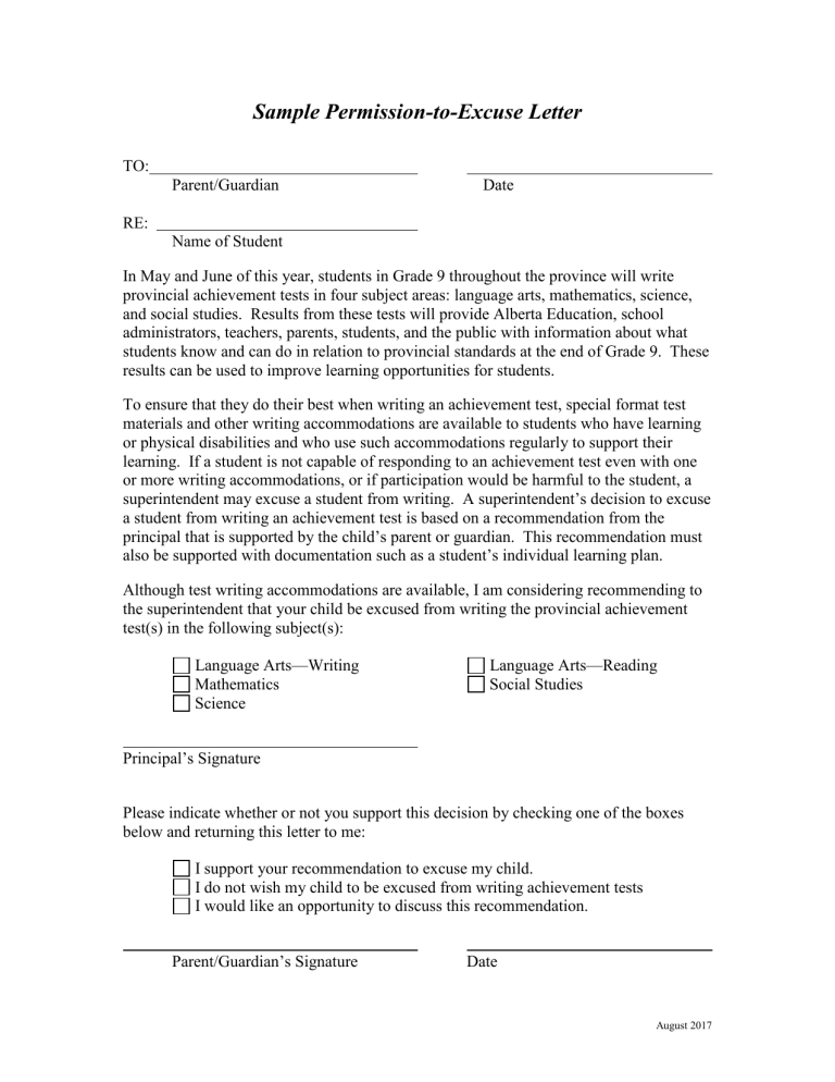 Excuse Letter Sample