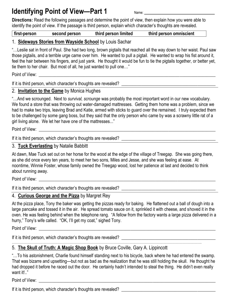 Point Of View Worksheet