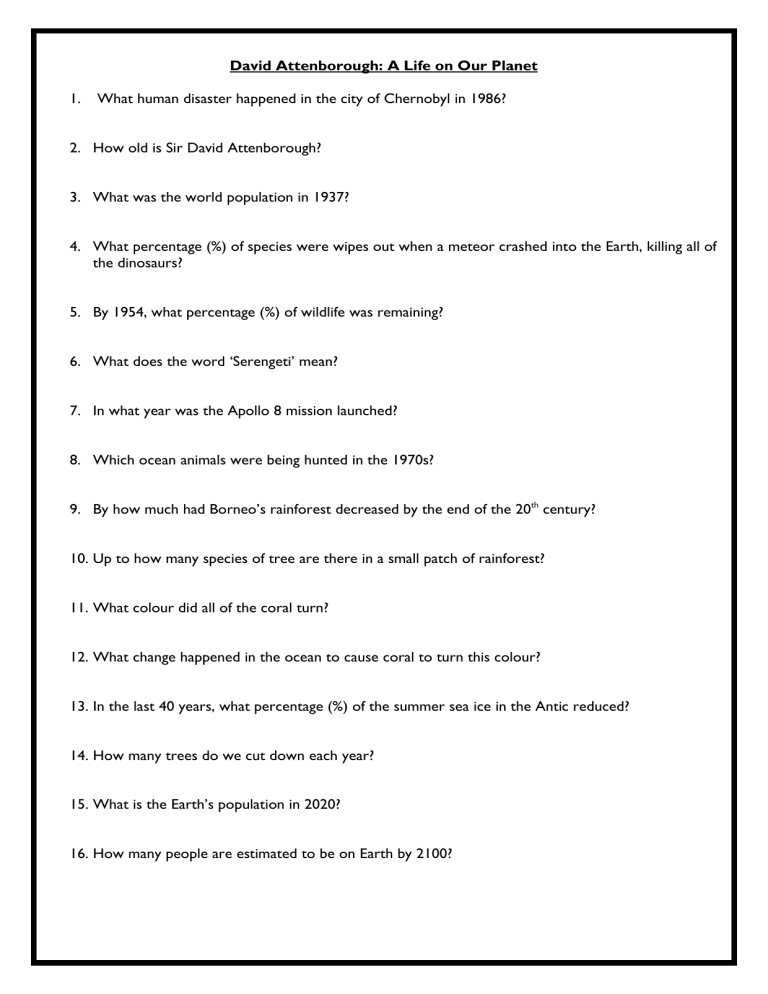 A Life On Our Planet Worksheet