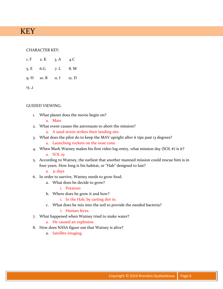 The Martian Guided ViewingMovieGuideWorksheet Answers