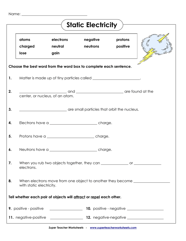 Static Electricity Worksheet 1