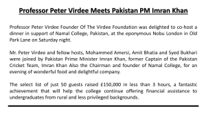 Professor Peter Virdee Meets Pakistan Prime Minister Imran Khan