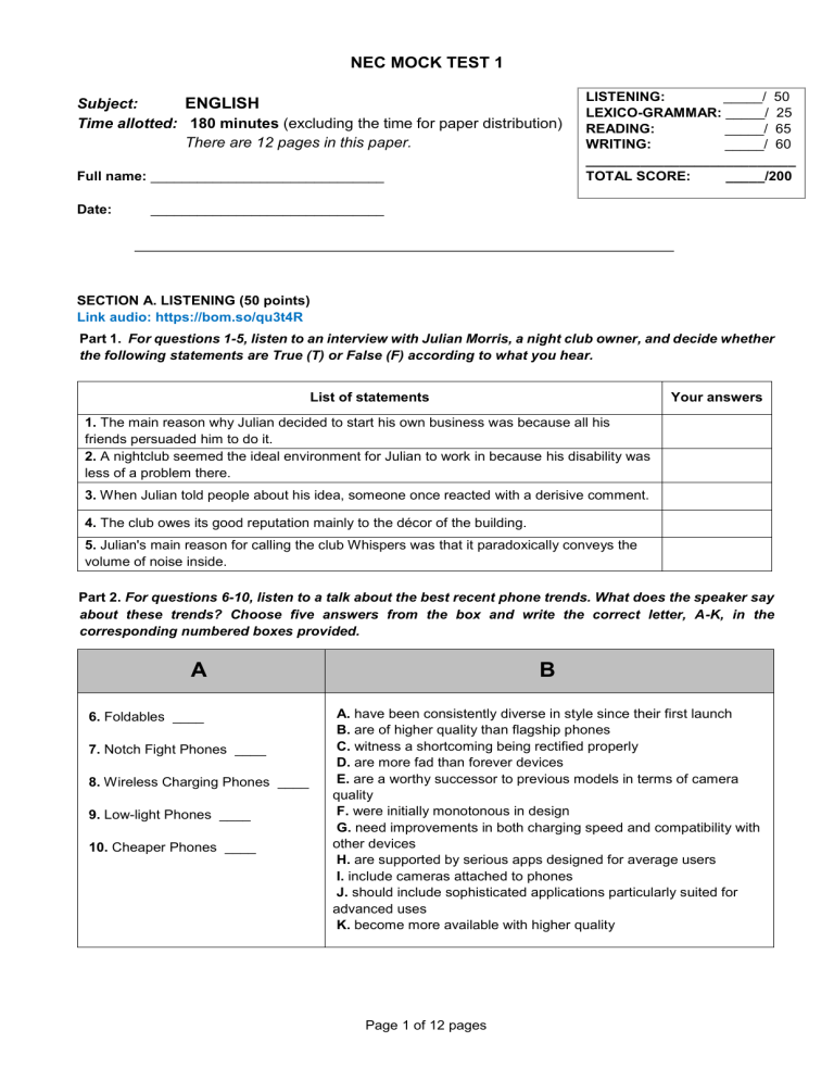 NEC MOCK TEST 1