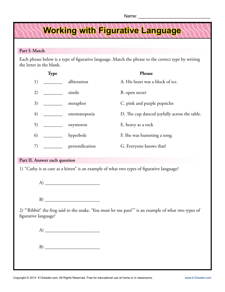 Figurative Language Practice Worksheet