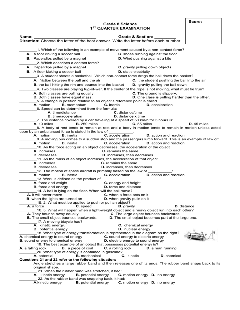 Grade 8 Science 1st Quarter Summative Test 8715