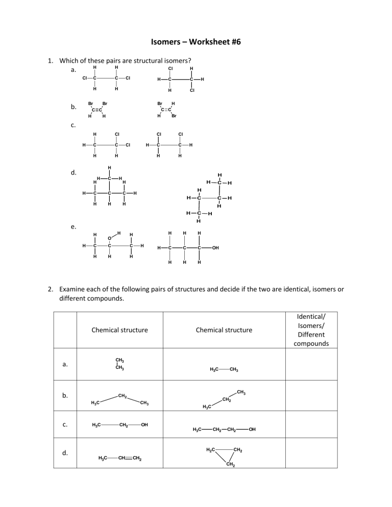 Isomers Worksheet