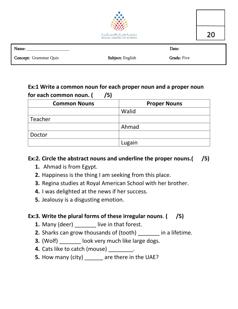 Nouns Quiz For Grade 5