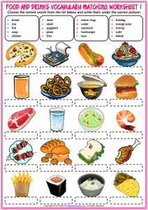 food and drinks vocabulary esl matching exercise worksheets for kids