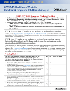 COVID-19 Healthcare ETS Worksite Checklist Employee Job Hazard Analysis