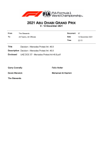 2021 Abu Dhabi Grand Prix - Decision - Mercedes Protest Art. 48.8