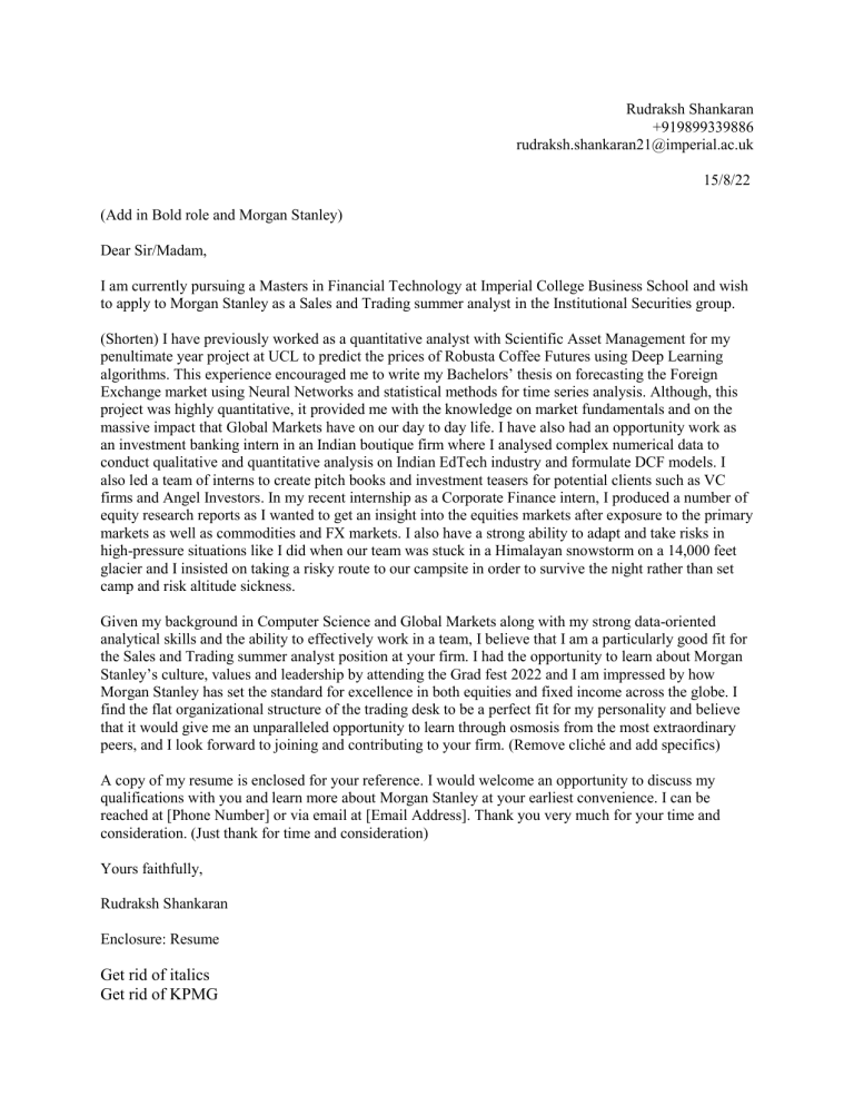 morgan stanley cover letter internship example
